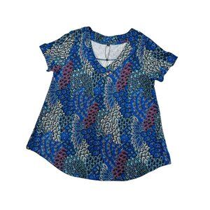 Blue Multicolor Printed Women’s Top V-Neck Short Sleeve Size 1X Lightweight